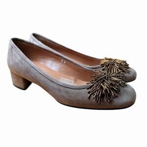 Sesto Meucci Tan Italian Suede Pumps Bronze Beaded Pom Low Heel Slip-on Sz 8 W